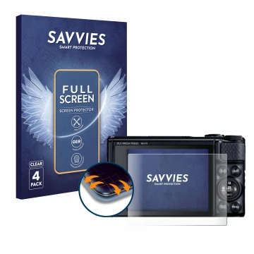 Face avant d’un emballage produit avec le logo de la marque Savvies. À côté, l’appareil Canon PowerShot SX740 HS Lite est repr