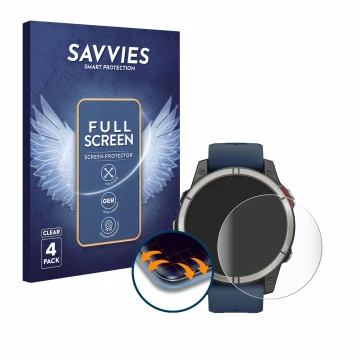 Face avant d’un emballage produit avec le logo de la marque Savvies. À côté, l’appareil Garmin quatix 7 Pro est représenté ave