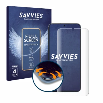 Face avant d’un emballage produit avec le logo de la marque Savvies. À côté, l’appareil Samsung Galaxy S25 Plus est représenté