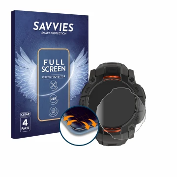 Face avant d’un emballage produit avec le logo de la marque Savvies. À côté, l’appareil Garmin Instinct 3 Solar (50 mm) est re