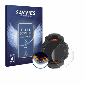 Face avant d’un emballage produit avec le logo de la marque Savvies. À côté, l’appareil Garmin Instinct 3 Solar (45 mm) est re