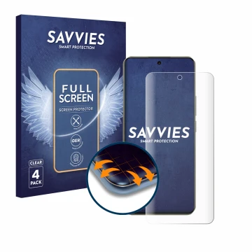 Face avant d’un emballage produit avec le logo de la marque Savvies. À côté, l’appareil realme 14 Pro Plus est représenté avec