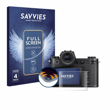 Face avant d’un emballage produit avec le logo de la marque Savvies. À côté, l’appareil Leica SL3-S est représenté avec la pro