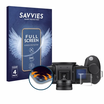 Face avant d’un emballage produit avec le logo de la marque Savvies. À côté, l’appareil Leica SL3-S (affichage des épaules) es