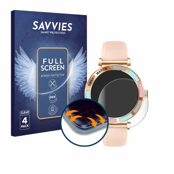 Face avant d’un emballage produit avec le logo de la marque Savvies. À côté, l’appareil Braidol Smartwatch 1.27