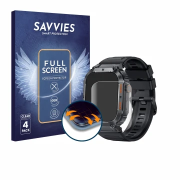 Face avant d’un emballage produit avec le logo de la marque Savvies. À côté, l’appareil bedee Smartwatch 1.96