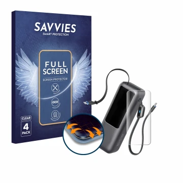 Face avant d’un emballage produit avec le logo de la marque Savvies. À côté, l’appareil Anker Laptop Powerbank A1695 est repré