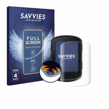 Face avant d’un emballage produit avec le logo de la marque Savvies. À côté, l’appareil Garmin Edge 540 Solar est représenté a