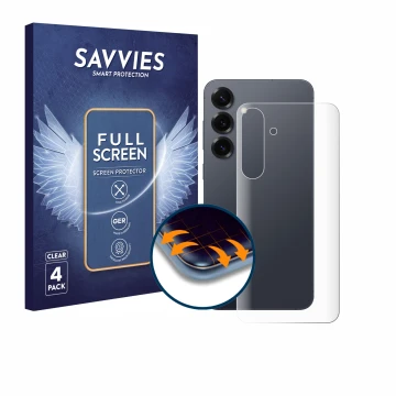Face avant d’un emballage produit avec le logo de la marque Savvies. À côté, l’appareil Samsung Galaxy S25 Plus (Arrière) est 