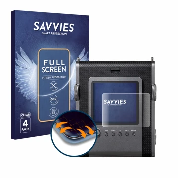Face avant d’un emballage produit avec le logo de la marque Savvies. À côté, l’appareil Fujifilm Instax Wide Evo est représent