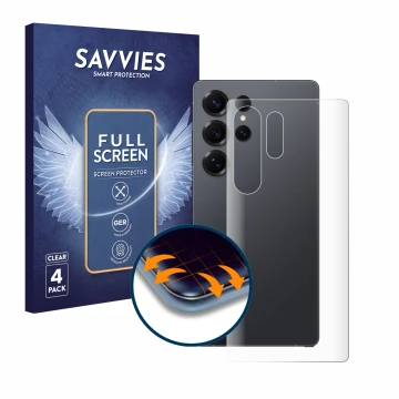 Face avant d’un emballage produit avec le logo de la marque Savvies. À côté, l’appareil Samsung Galaxy S25 Ultra Enterprise Ed