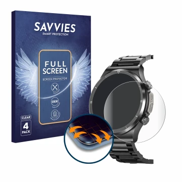 Face avant d’un emballage produit avec le logo de la marque Savvies. À côté, l’appareil Banlvs Smartwatch 1.39