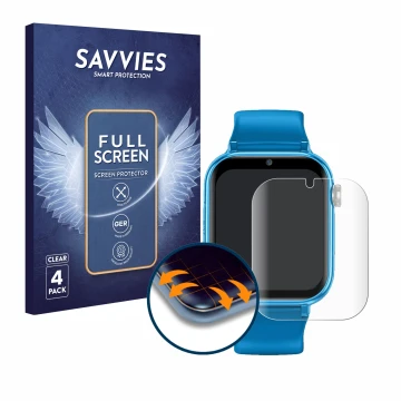 Face avant d’un emballage produit avec le logo de la marque Savvies. À côté, l’appareil Maxcom FW59 Kiddo 4G est représenté av
