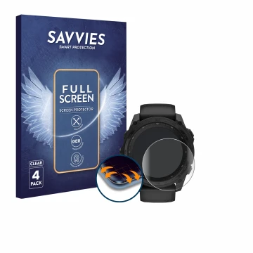 Face avant d’un emballage produit avec le logo de la marque Savvies. À côté, l’appareil Garmin Tactix 8 Solar (51 mm) est repr