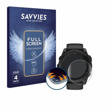 Face avant d’un emballage produit avec le logo de la marque Savvies. À côté, l’appareil Garmin Tactix 8 AMOLED (51 mm) est rep