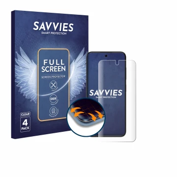 Face avant d’un emballage produit avec le logo de la marque Savvies. À côté, l’appareil ZTE Blade V70 Vita est représenté avec