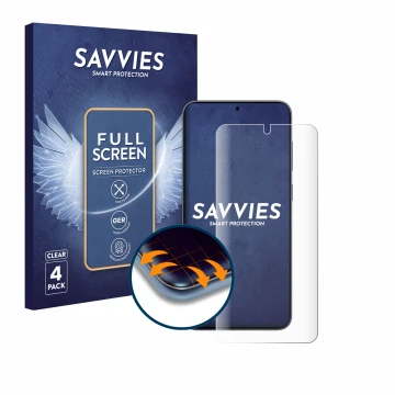 Face avant d’un emballage produit avec le logo de la marque Savvies. À côté, l’appareil Samsung Galaxy S25 Enterprise Edition 