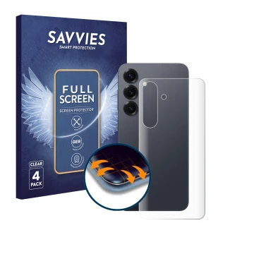 Face avant d’un emballage produit avec le logo de la marque Savvies. À côté, l’appareil Samsung Galaxy S25 Enterprise Edition 