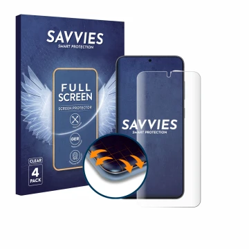 Face avant d’un emballage produit avec le logo de la marque Savvies. À côté, l’appareil Samsung Galaxy S25 Plus Enterprise Edi