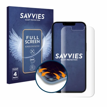 Face avant d’un emballage produit avec le logo de la marque Savvies. À côté, l’appareil Apple iPhone 16e est représenté avec l