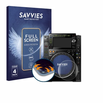 Face avant d’un emballage produit avec le logo de la marque Savvies. À côté, l’appareil Pioneer CDJ-2000NXS2 (Jog) est représe