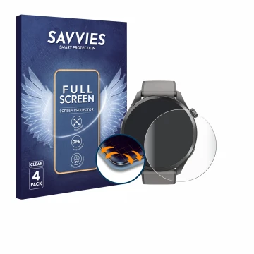 Face avant d’un emballage produit avec le logo de la marque Savvies. À côté, l’appareil Hama Smartwatch 9000 est représenté av