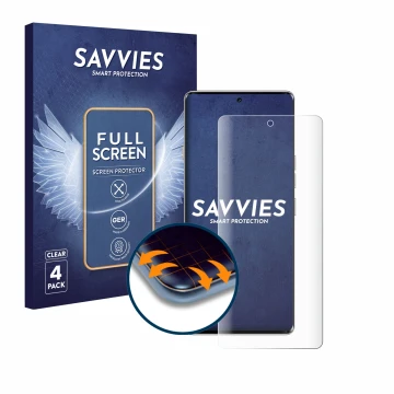 Face avant d’un emballage produit avec le logo de la marque Savvies. À côté, l’appareil Tecno Camon 40 Pro 5G est représenté a