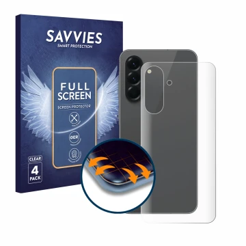 Face avant d’un emballage produit avec le logo de la marque Savvies. À côté, l’appareil Samsung Galaxy A56 5G (Arrière) est re