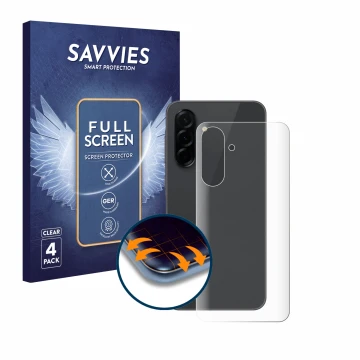 Face avant d’un emballage produit avec le logo de la marque Savvies. À côté, l’appareil Samsung Galaxy A36 5G (Arrière) est re