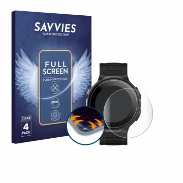 Face avant d’un emballage produit avec le logo de la marque Savvies. À côté, l’appareil Kiprun GPS 500 Coros est représenté av