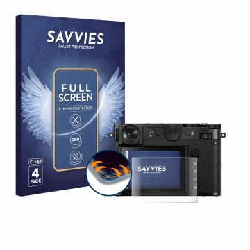 Face avant d’un emballage produit avec le logo de la marque Savvies. À côté, l’appareil Fujifilm GFX 100RF est représenté avec
