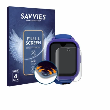 Face avant d’un emballage produit avec le logo de la marque Savvies. À côté, l’appareil SaveFamily Iconic Plus 2 4G est représ