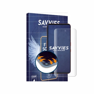 Face avant d’un emballage produit avec le logo de la marque Savvies. À côté, l’appareil Nothing CMF Phone 2 Pro est représenté