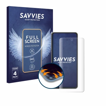 Face avant d’un emballage produit avec le logo de la marque Savvies. À côté, l’appareil realme GT 7T est représenté avec la pr