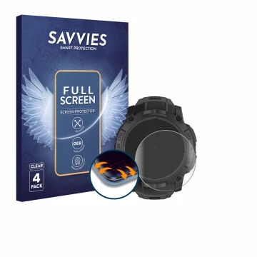 Face avant d’un emballage produit avec le logo de la marque Savvies. À côté, l’appareil Garmin Instinct 3 Solar Tactical Editi