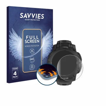 Face avant d’un emballage produit avec le logo de la marque Savvies. À côté, l’appareil Garmin Instinct 3 Solar Tactical Editi