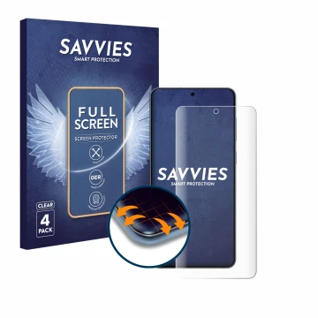 Face avant d’un emballage produit avec le logo de la marque Savvies. À côté, l’appareil Samsung Galaxy S25 Edge est représenté