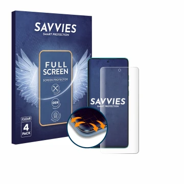 Face avant d’un emballage produit avec le logo de la marque Savvies. À côté, l’appareil Motorola Edge 60 S est représenté avec