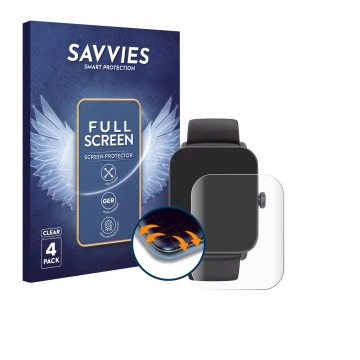 Face avant d’un emballage produit avec le logo de la marque Savvies. À côté, l’appareil Hama Smartwatch 6010 est représenté av