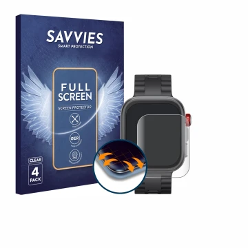 Face avant d’un emballage produit avec le logo de la marque Savvies. À côté, l’appareil Huawei Watch Fit 4 Pro est représenté 