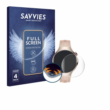 Face avant d’un emballage produit avec le logo de la marque Savvies. À côté, l’appareil Huawei Watch 5 (42 mm) est représenté 