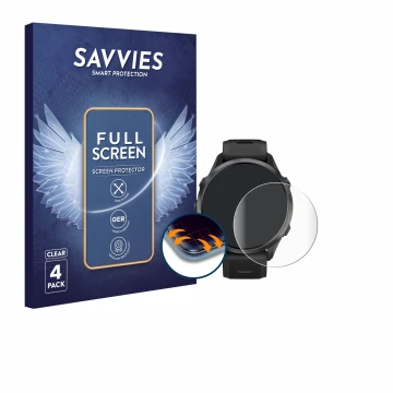 Face avant d’un emballage produit avec le logo de la marque Savvies. À côté, l’appareil Garmin Forerunner 970 est représenté a