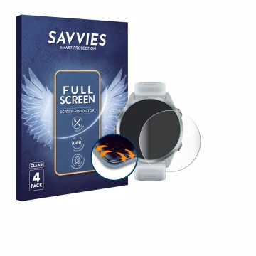 Face avant d’un emballage produit avec le logo de la marque Savvies. À côté, l’appareil Garmin Forerunner 570 (42 mm) est repr