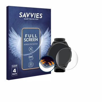 Face avant d’un emballage produit avec le logo de la marque Savvies. À côté, l’appareil Garmin Forerunner 570 (47 mm) est repr