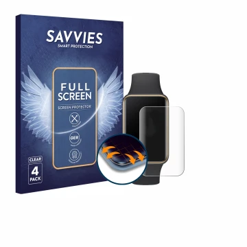 Face avant d’un emballage produit avec le logo de la marque Savvies. À côté, l’appareil Honor Band 10 est représenté avec la p