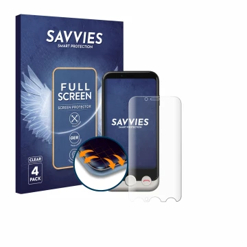 Face avant d’un emballage produit avec le logo de la marque Savvies. À côté, l’appareil Doro Aurora A10 est représenté avec la