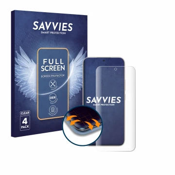 Face avant d’un emballage produit avec le logo de la marque Savvies. À côté, l’appareil Honor 400 est représenté avec la prote