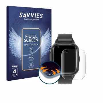Face avant d’un emballage produit avec le logo de la marque Savvies. À côté, l’appareil Krostming Kids Smartwatch GPS 4G est r