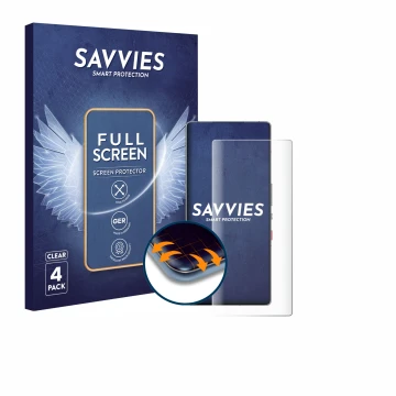 Face avant d’un emballage produit avec le logo de la marque Savvies. À côté, l’appareil ZTE Nubia Red Magic 10S Pro est représ
