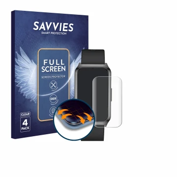 Face avant d’un emballage produit avec le logo de la marque Savvies. À côté, l’appareil Fitoncloud Smartwatch 1.47